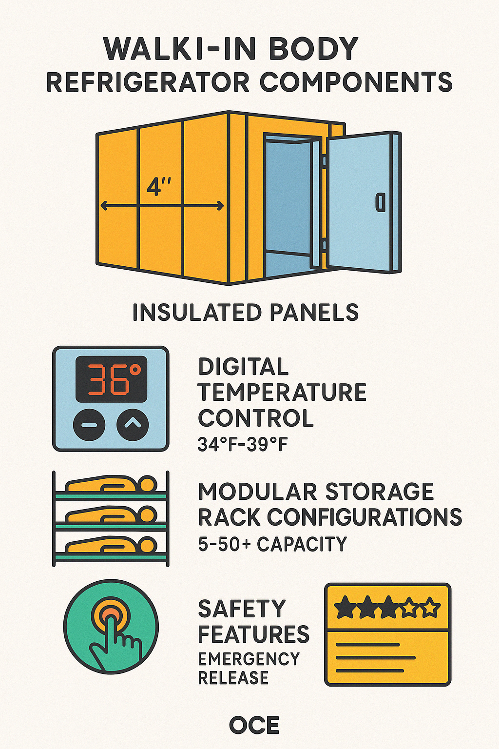 Infographic showing walk-in body refrigerator components including insulated panels, temperature control system, storage rack configuration options, and safety features with comparative energy efficiency ratings - walk-in body refrigerator infographic 
