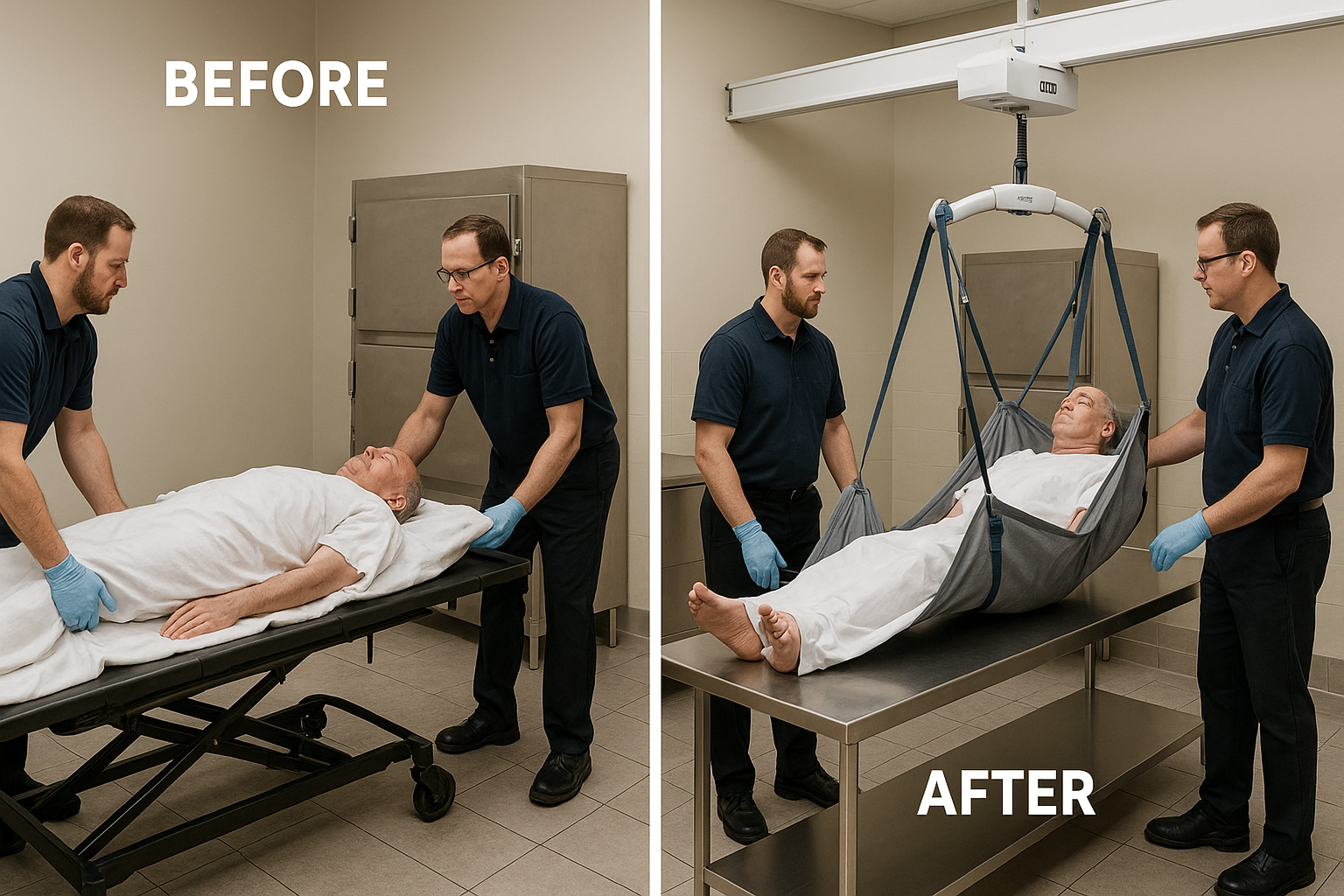 before and after comparison of mortuary transfer process - mortuary ceiling lift