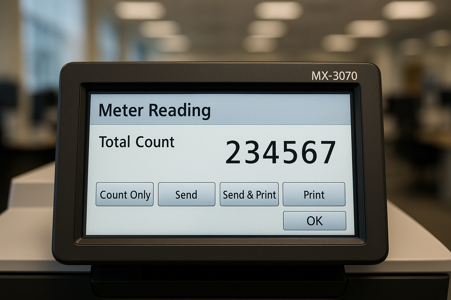 Sharp MX-3070 display screen showing the meter reading interface - how to check meter reading on sharp printer