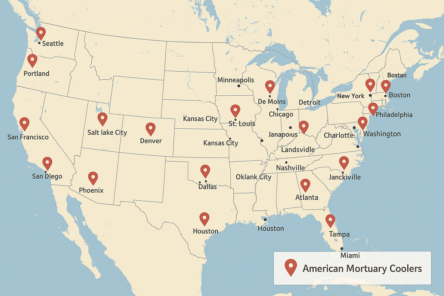 American Mortuary Coolers service locations across United States - Walk-in body refrigerator