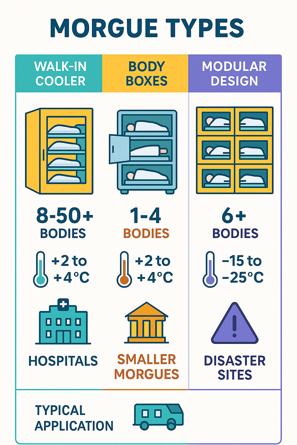 Comparison chart of different body freezer morgue types showing capacity, temperature ranges, and applications - body freezer morgue infographic 