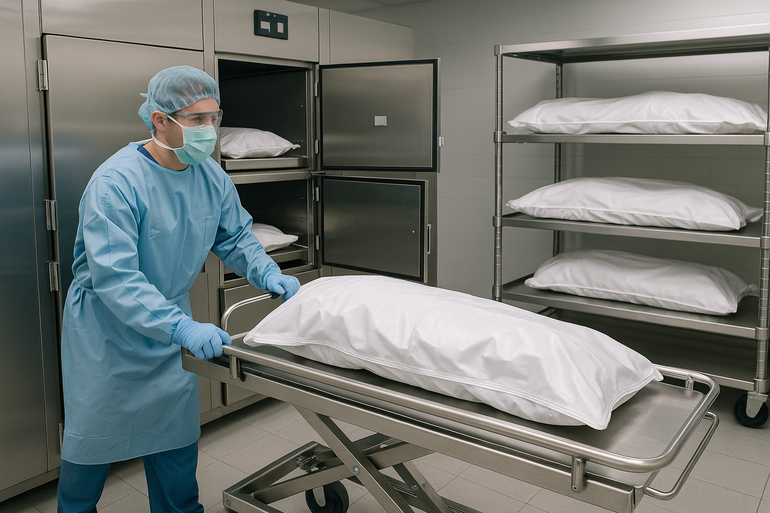 Mortuary staff using modern storage equipment with proper protective gear - Mortuary storage solutions