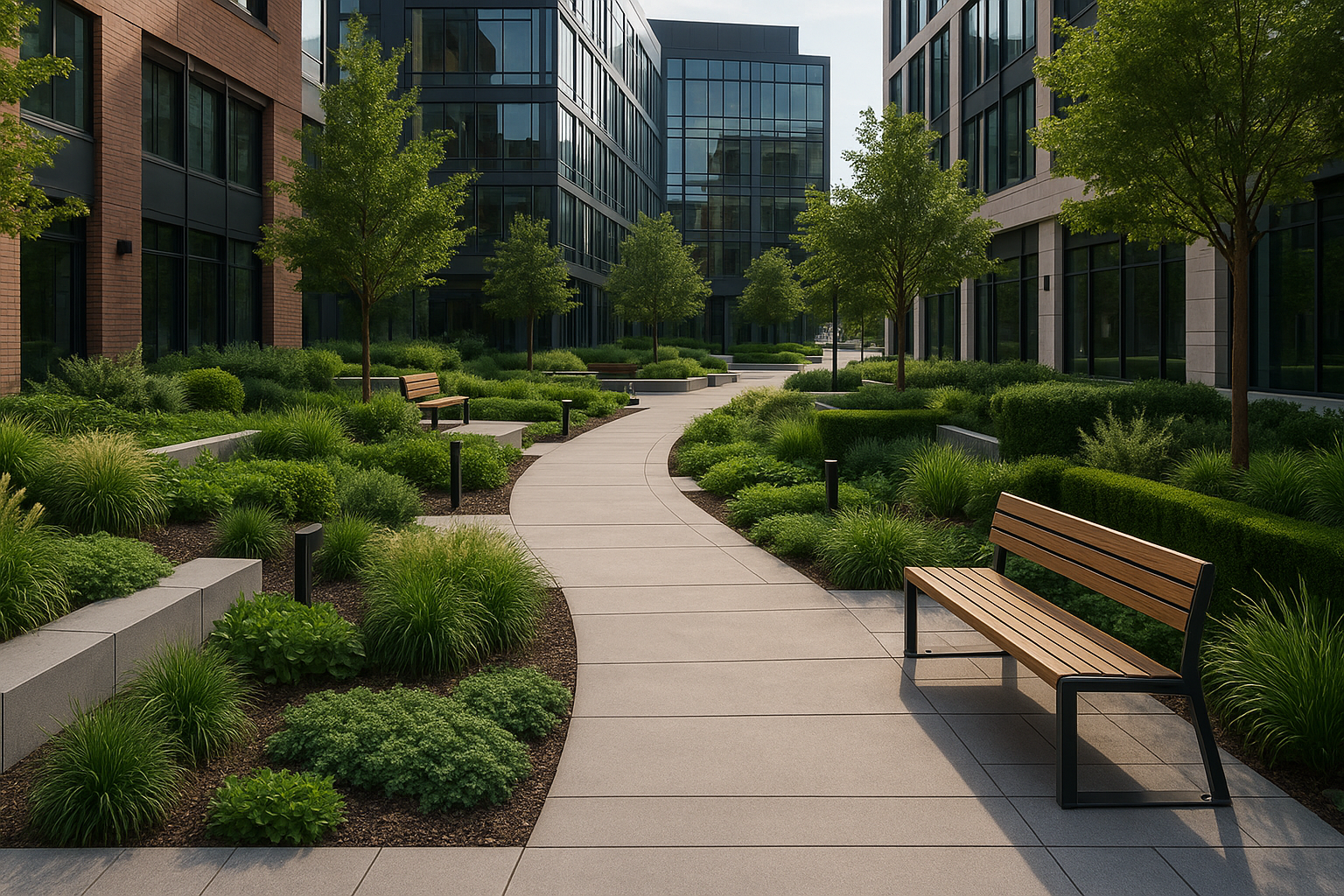 well designed commercial landscape with walkways and seating areas - commercial building landscaping