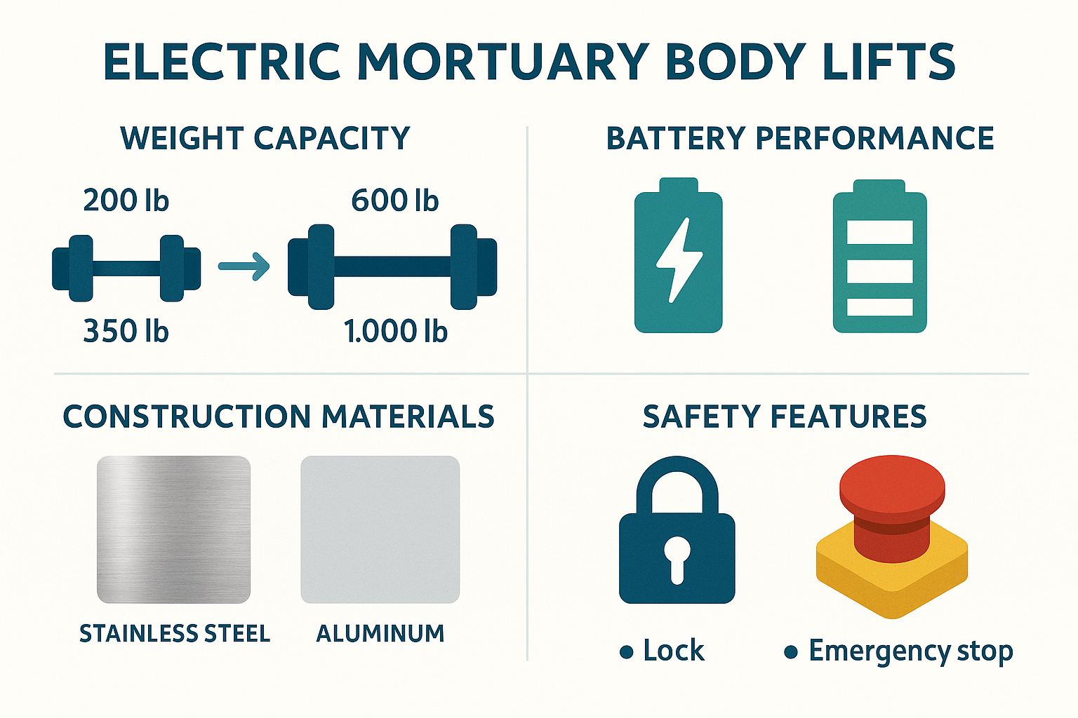 Key features of electric mortuary body lifts showing weight capacity ranges, battery performance metrics, construction materials, and safety feature comparisons with practical application examples - electric mortuary body lift infographic 