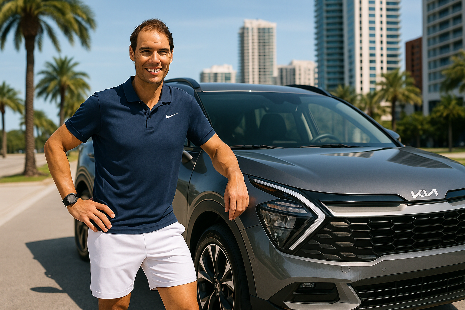 Rafael Nadal posing with a Kia vehicle during a promotional campaign - athlete car endorsement