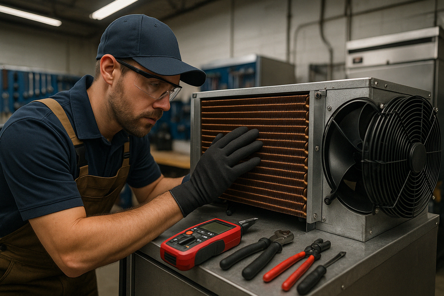 Maintenance technician servicing walk-in refrigeration system - walk-in body refrigerator