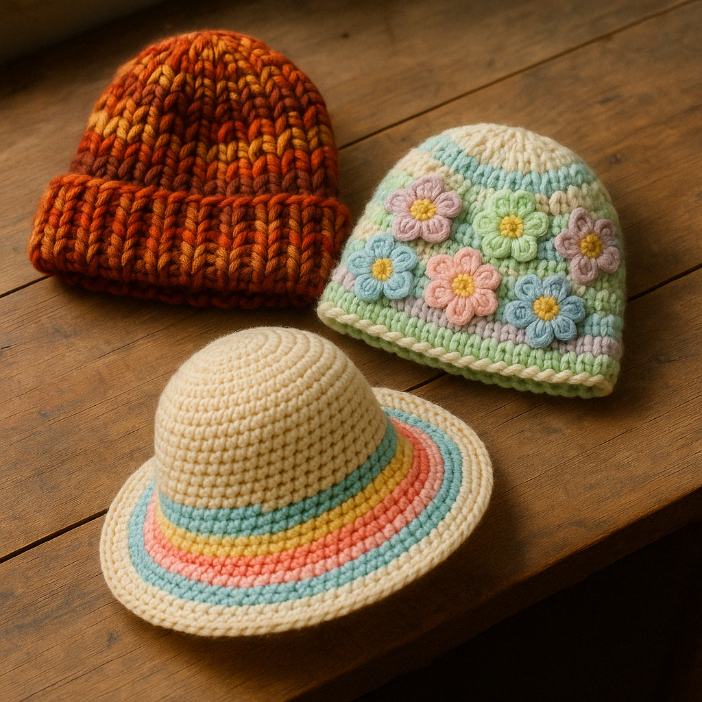 Collection of seasonal crochet hats from winter beanies to summer sun hats - crochet hats tutorial