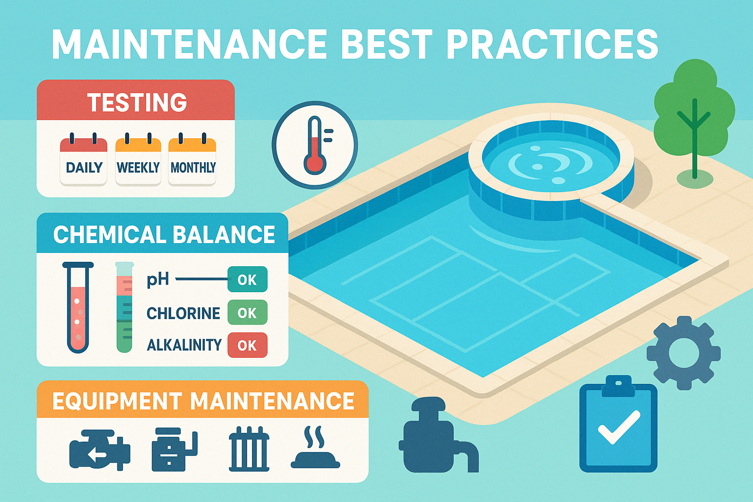 Maintenance best practices for commercial pool with spa combinations showing testing schedules, chemical balance ranges, and equipment maintenance intervals - pool with spa infographic 