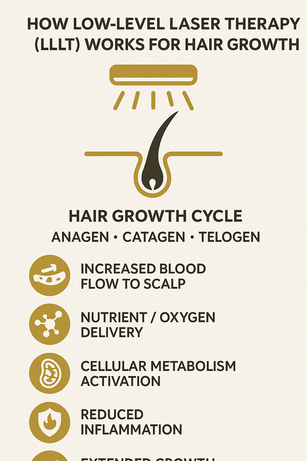 How Low-Level Laser Therapy (LLLT) works to stimulate hair follicles by increasing blood flow to the scalp, delivering more nutrients and oxygen to hair follicles, activating cellular metabolism, reducing inflammation, and extending the growth phase of hair. The infographic shows the hair growth cycle and how LLLT affects each phase. - hair loss laser treatment near me infographic 