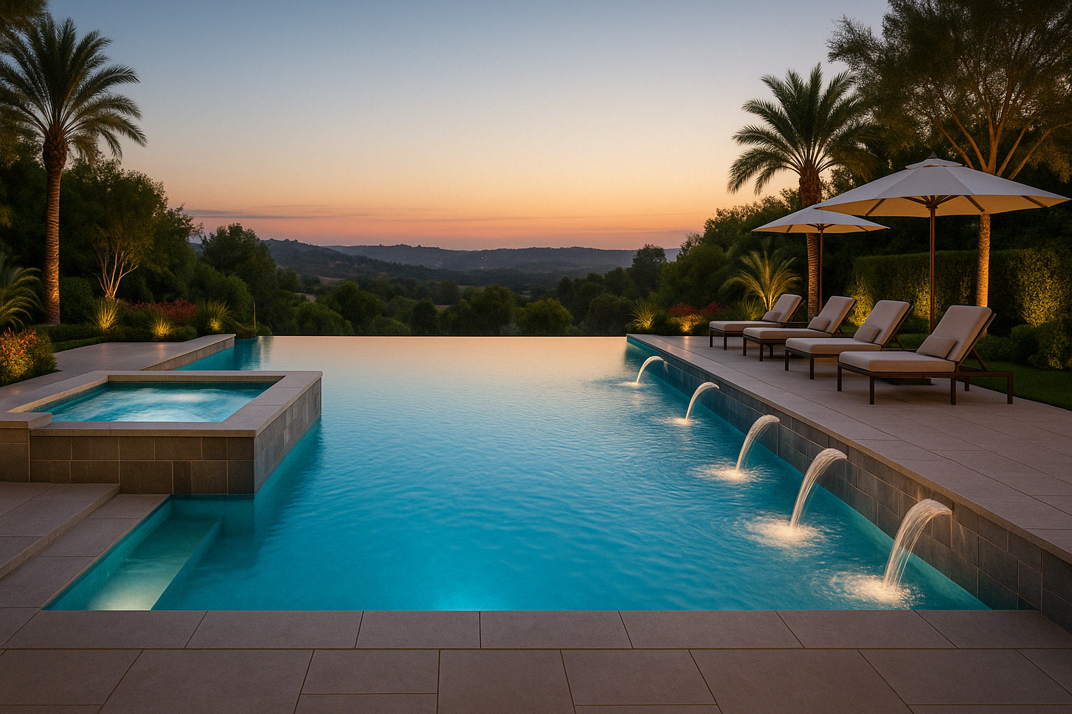 Completed commercial pool with spa project featuring an infinity edge and integrated water features - pool with spa