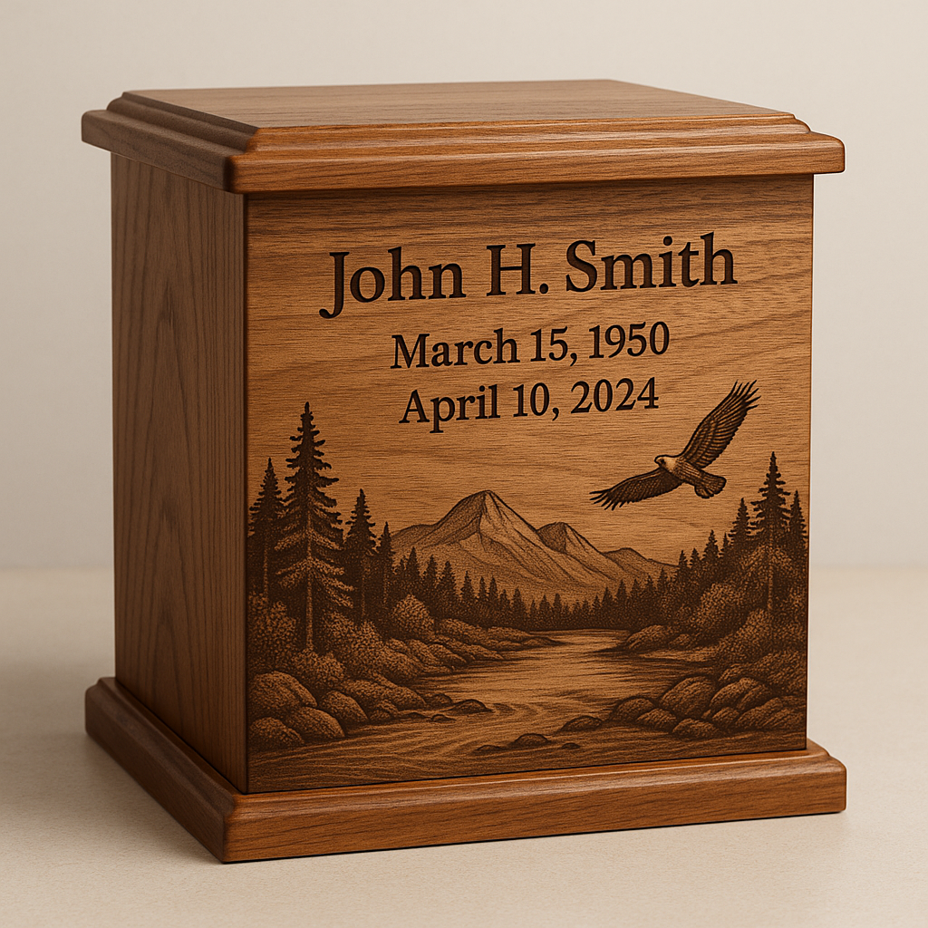 Personalized wooden urn with laser-engraved name, dates, and nature scene - cremation urns