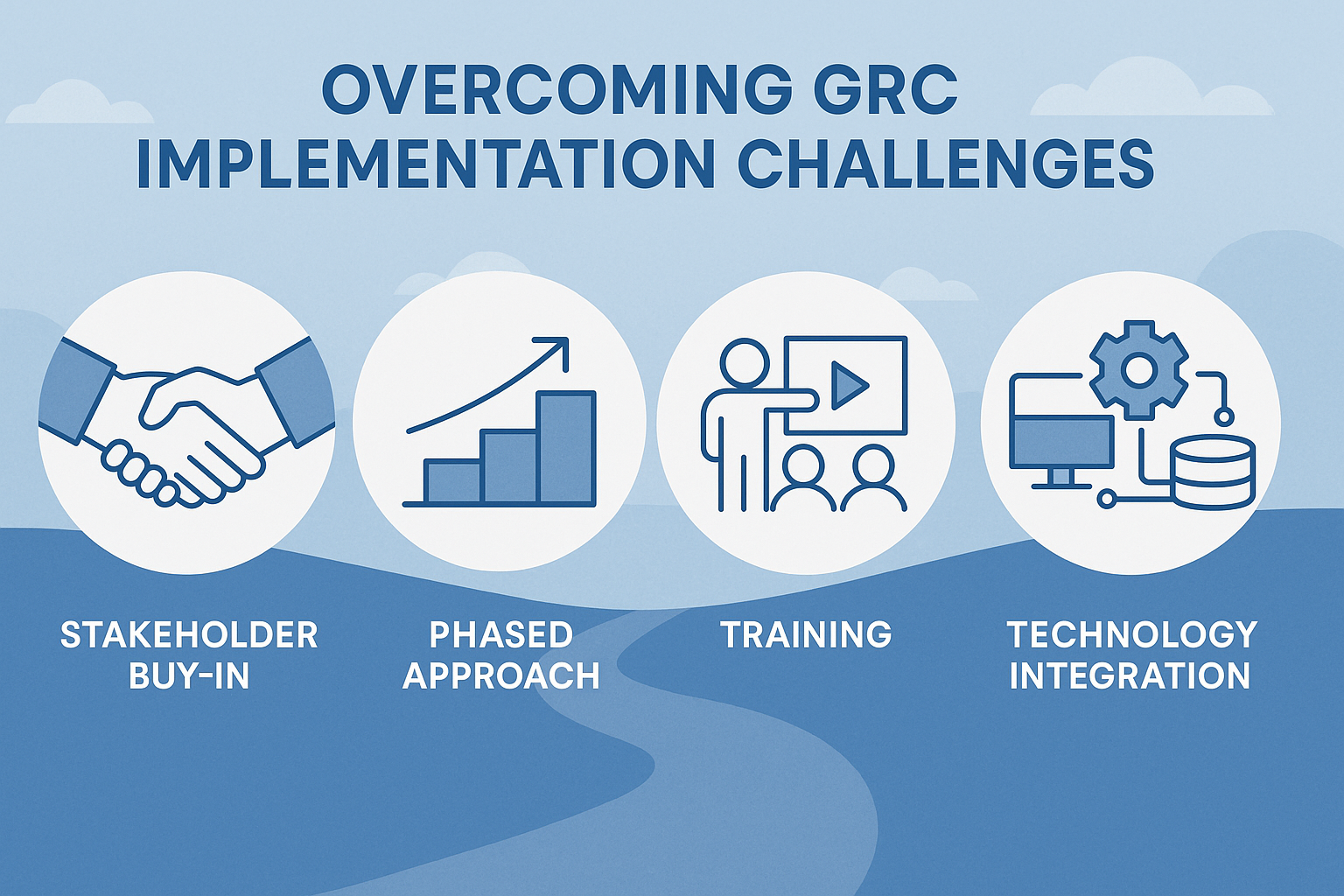 Steps to overcome GRC implementation challenges including stakeholder buy-in, phased approach, training, and technology integration - governance risk and compliance framework infographic 