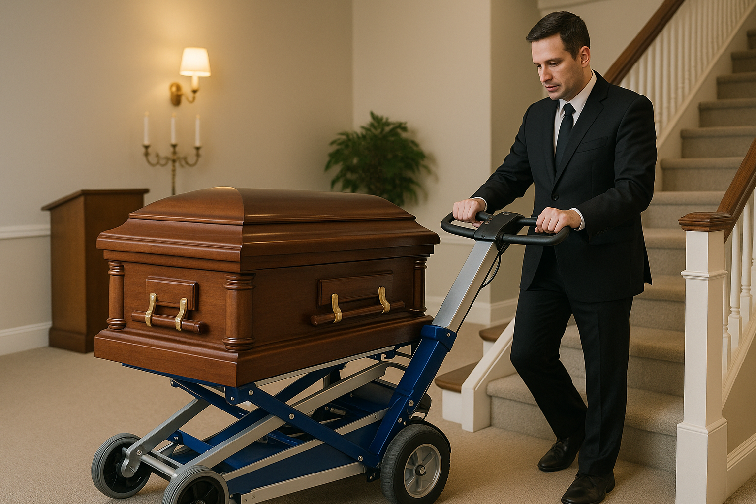 funeral director using stepper mortuary lift - the stepper mortuary lift