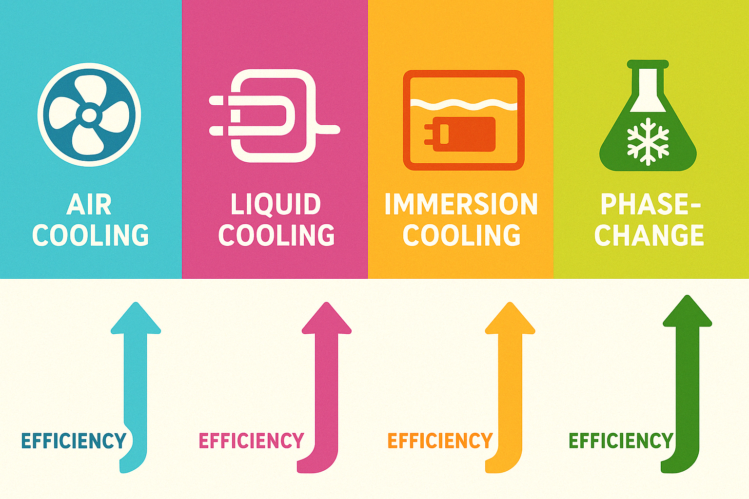 Evolution of cooling technologies showing progression from traditional air cooling to advanced solutions including liquid cooling, immersion cooling, and phase change methods with their relative efficiency and application areas - advanced cooling solutions infographic 