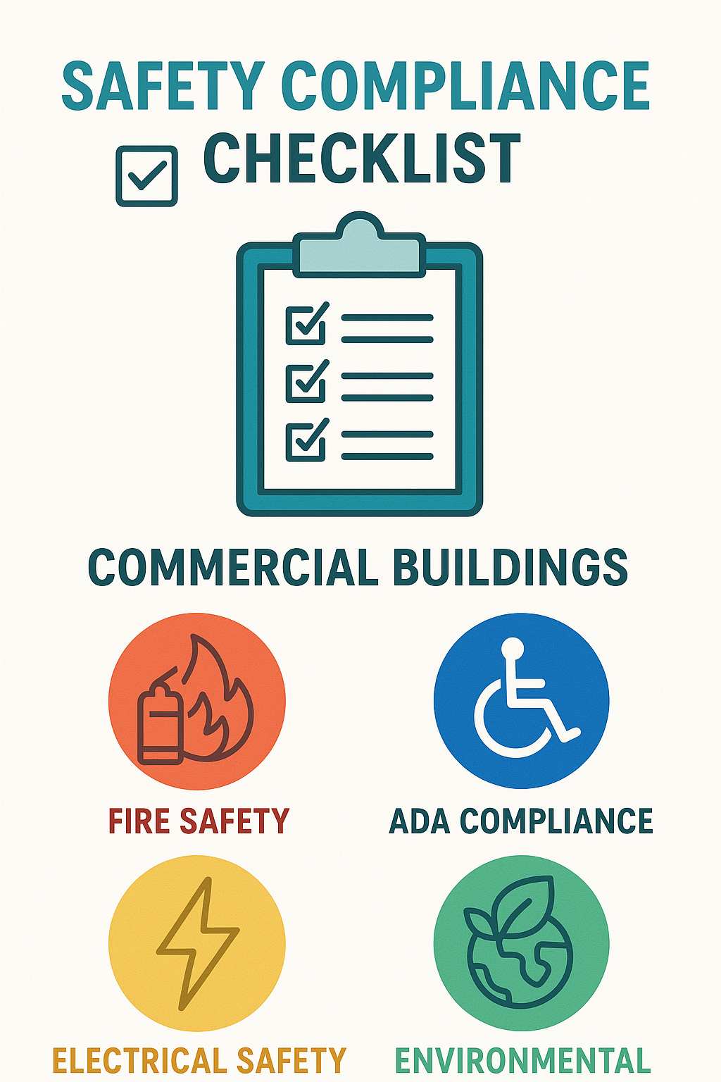 Safety compliance checklist showing key regulatory requirements for commercial buildings including fire safety, ADA compliance, electrical safety, and environmental regulations - building maintenance agency infographic Safety compliance checklist showing key regulatory requirements for commercial buildings including fire safety, ADA compliance, electrical safety, and environmental regulations - building maintenance agency infographic