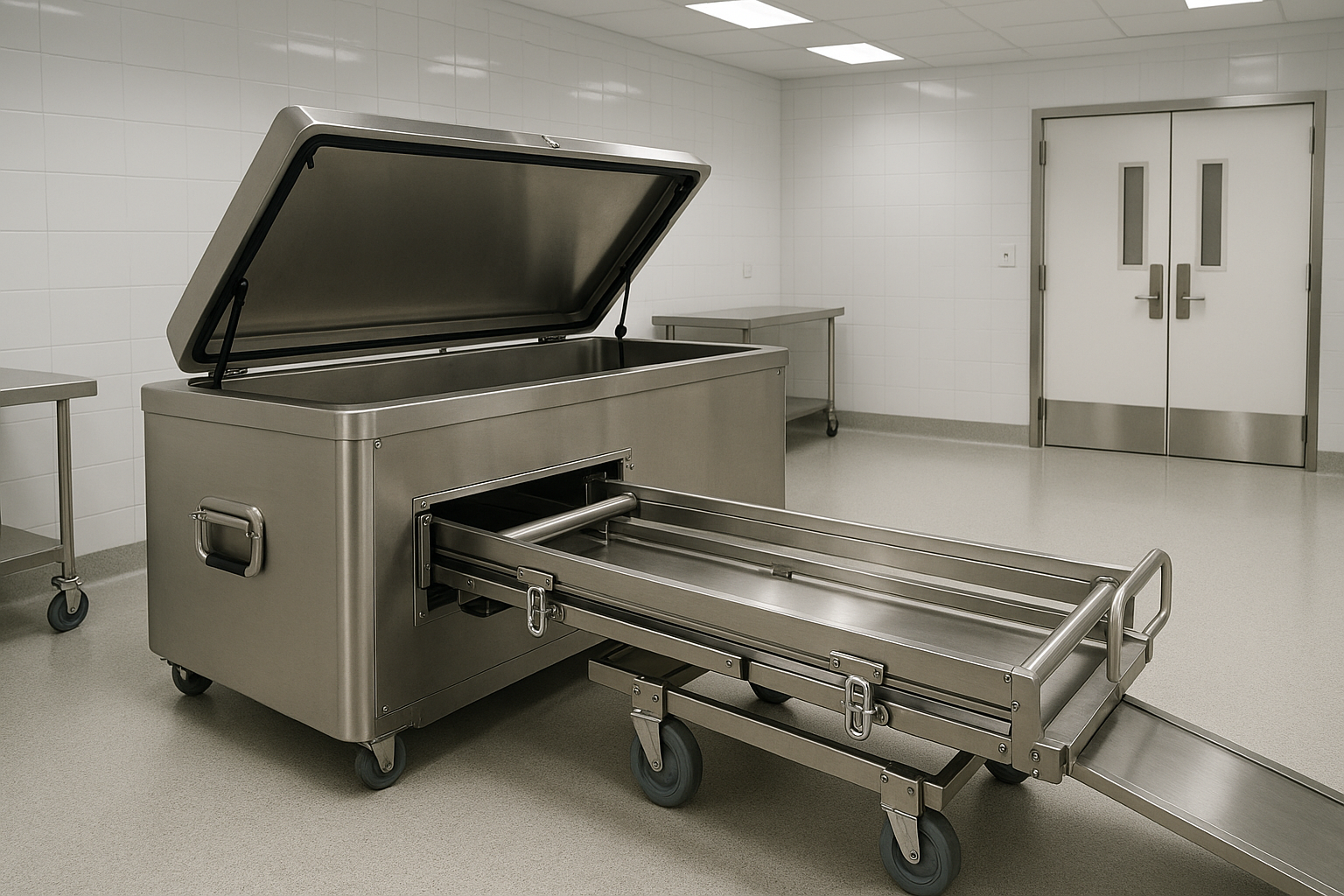 Body freezer used for transportation with secure loading system - body freezer morgue