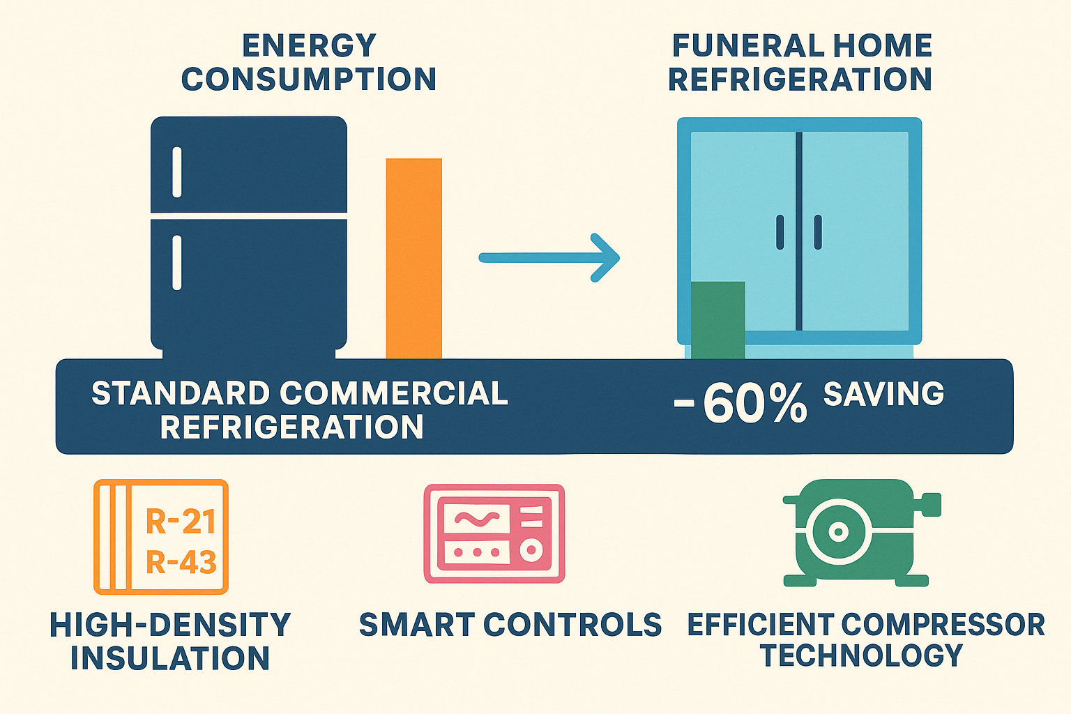 Infographic showing energy consumption comparison between standard commercial refrigeration and specialized funeral home refrigeration units, highlighting savings from high-density insulation, smart controls, and efficient compressor technology - funeral home fridge infographic 