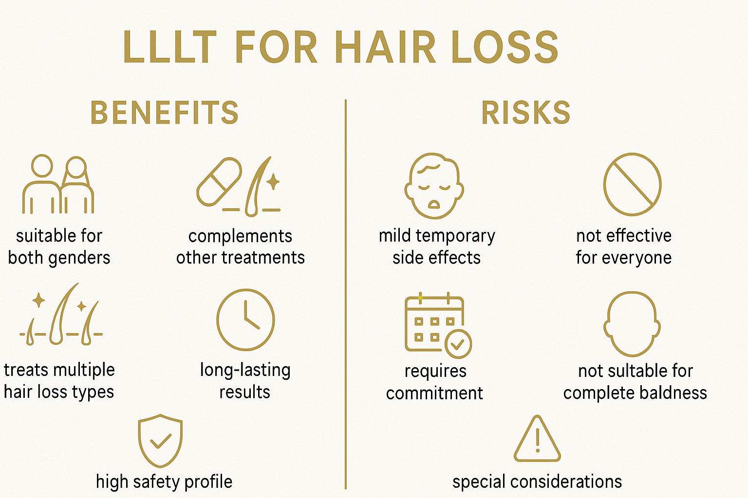 Comparison chart of benefits vs risks of LLLT for hair loss - hair loss laser treatment near me infographic 