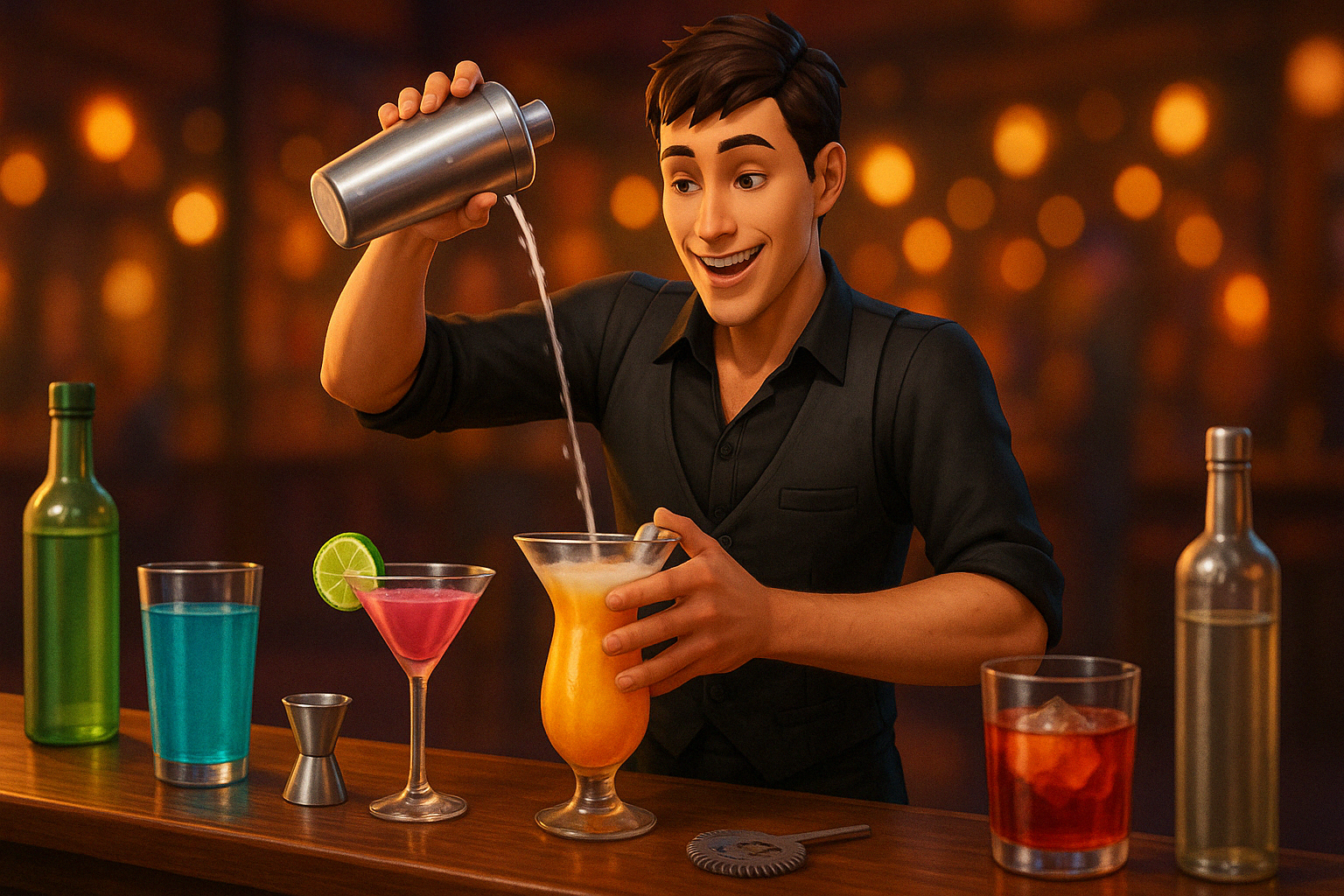 Sim practicing Mixology at a bar - mixology career sims 4