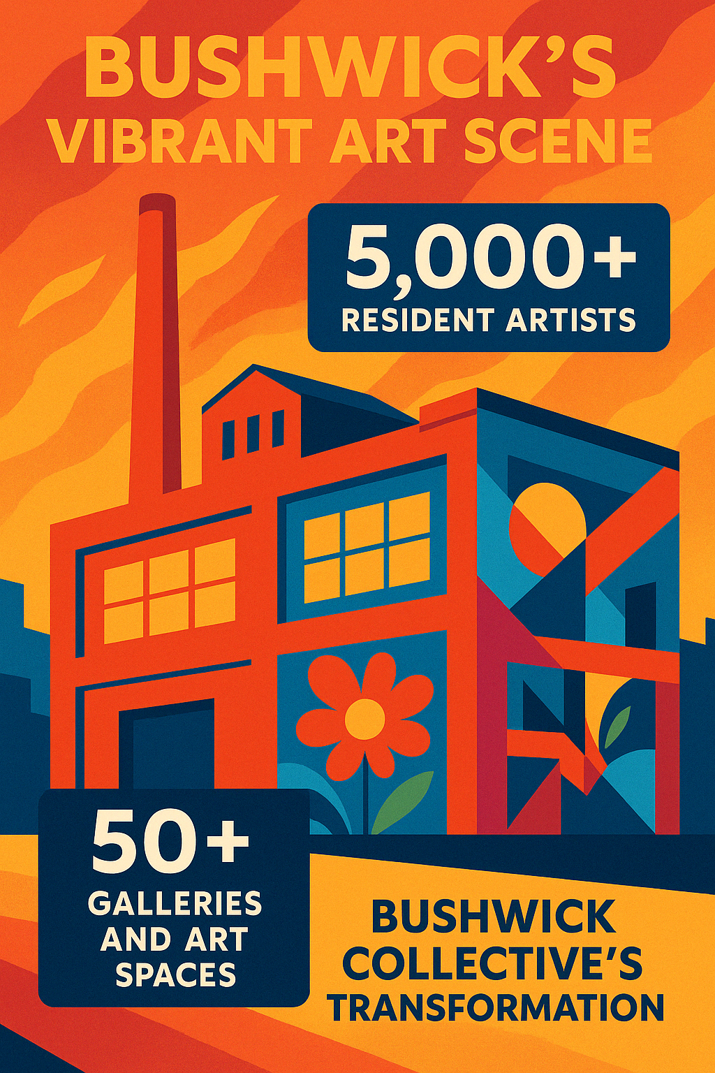 Infographic showing Bushwick's art scene statistics including 5,000+ resident artists, 50+ galleries and art spaces, and the Bushwick Collective's change of industrial buildings into creative spaces - Bushwick art gallery infographic