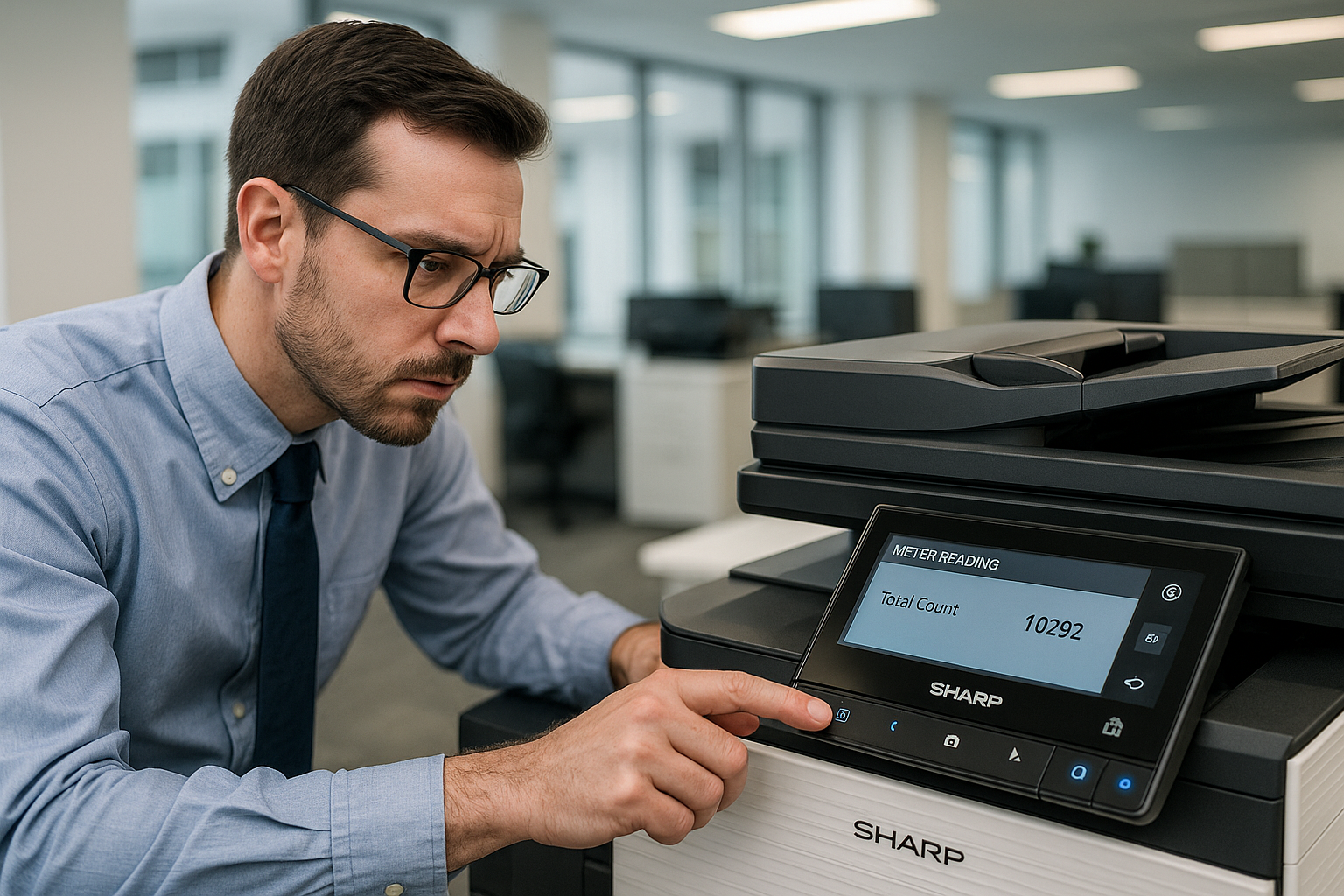 Technician troubleshooting meter reading on Sharp printer - how to check meter reading on sharp printer