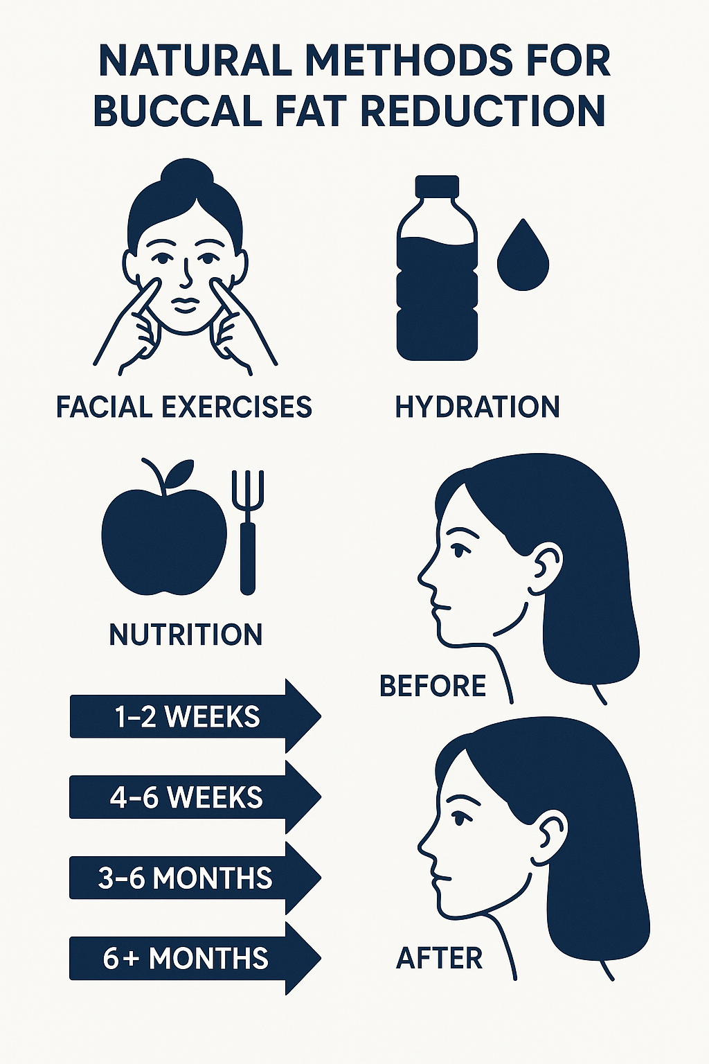 Summary of natural methods for buccal fat reduction and their benefits - buccal fat removal naturally infographic 