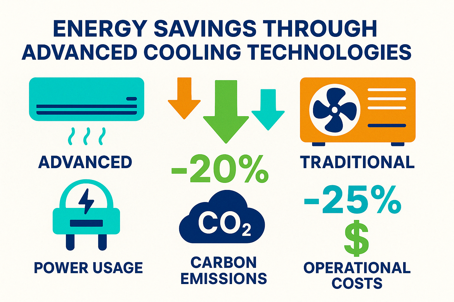 Energy savings through advanced cooling technologies compared to traditional methods showing potential reductions in power usage, carbon emissions, and operational costs - advanced cooling solutions infographic 