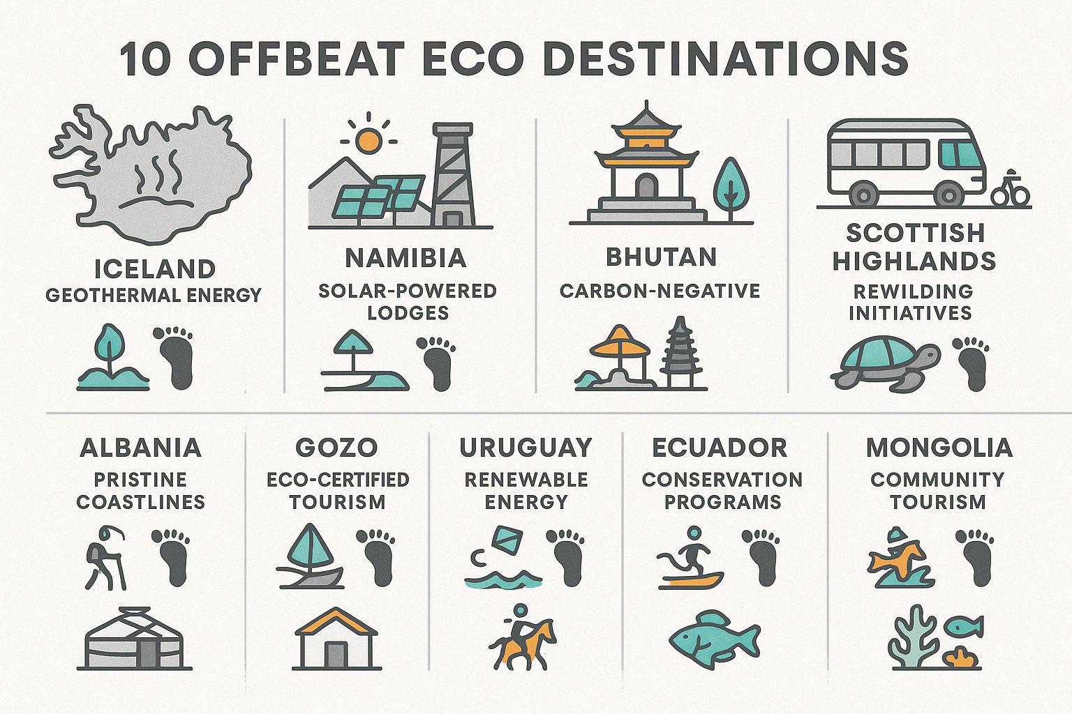 Infographic showing 10 offbeat eco destinations around the world with sustainability features, carbon footprint comparison with mainstream destinations, and key activities at each location - offbeat eco destinations infographic 