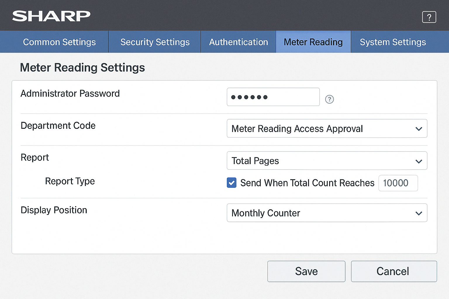 Administrative settings screen for configuring meter reading access and reporting - how to check meter reading on sharp printer