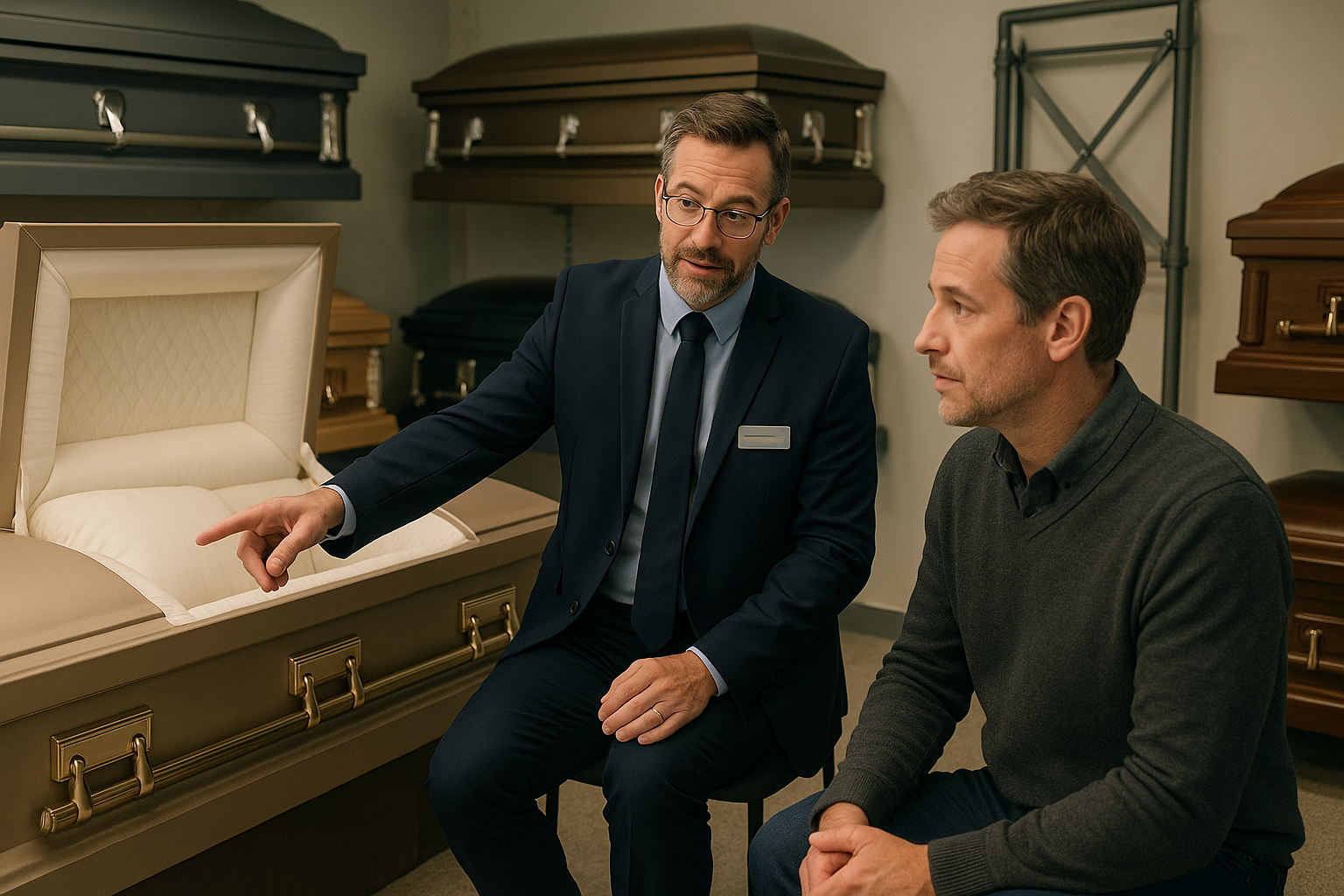 funeral equipment supplier assisting client - Funeral service equipment