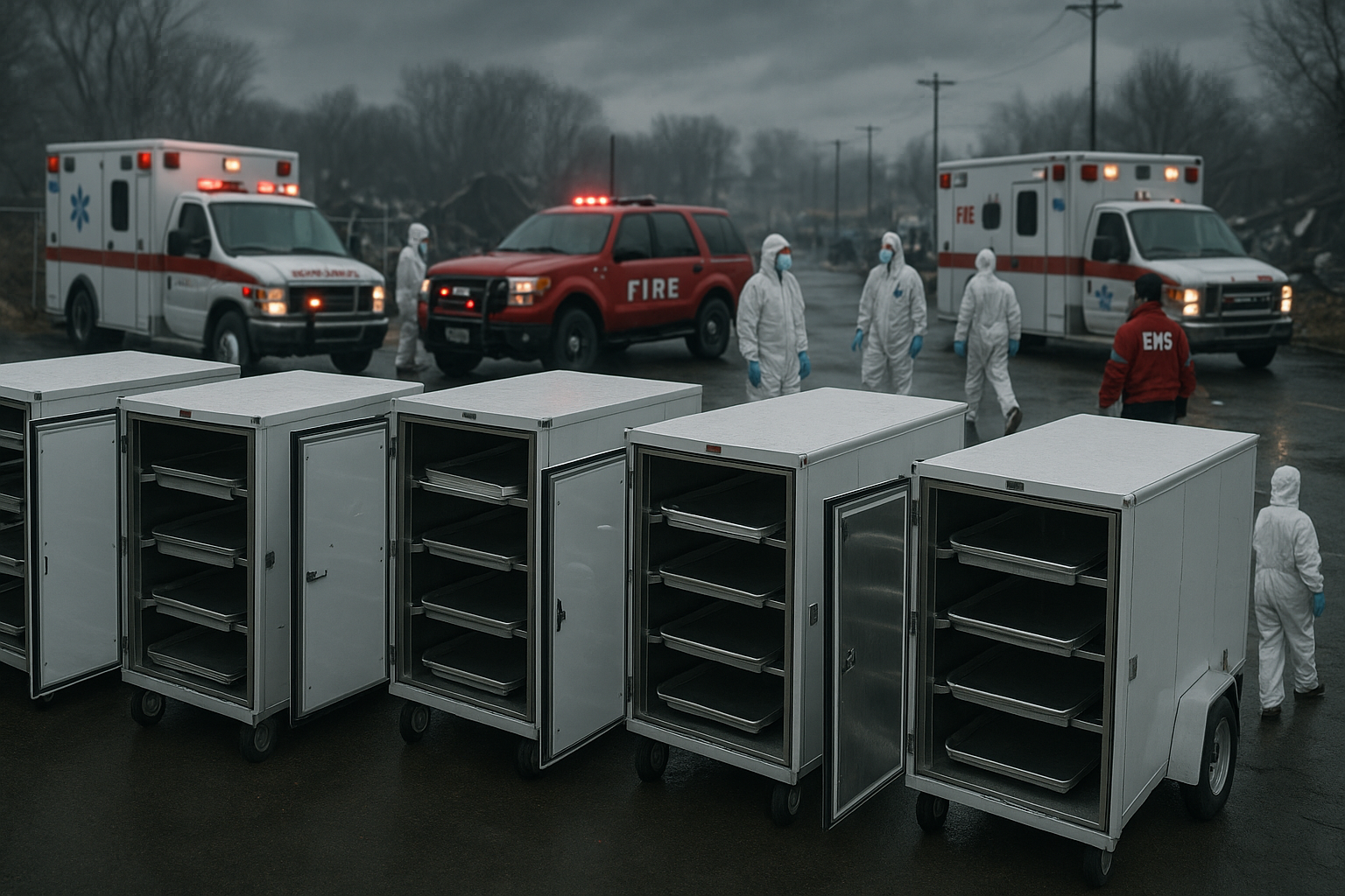 Mobile mortuary storage units being deployed in a disaster response scenario - Mortuary storage solutions