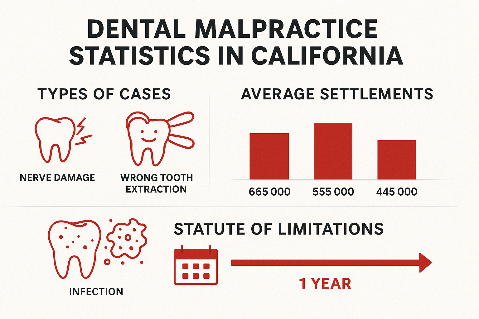Dental malpractice statistics in California showing types of cases, average settlements, and statute of limitations timeline - dental malpractice attorney in orange county california infographic 