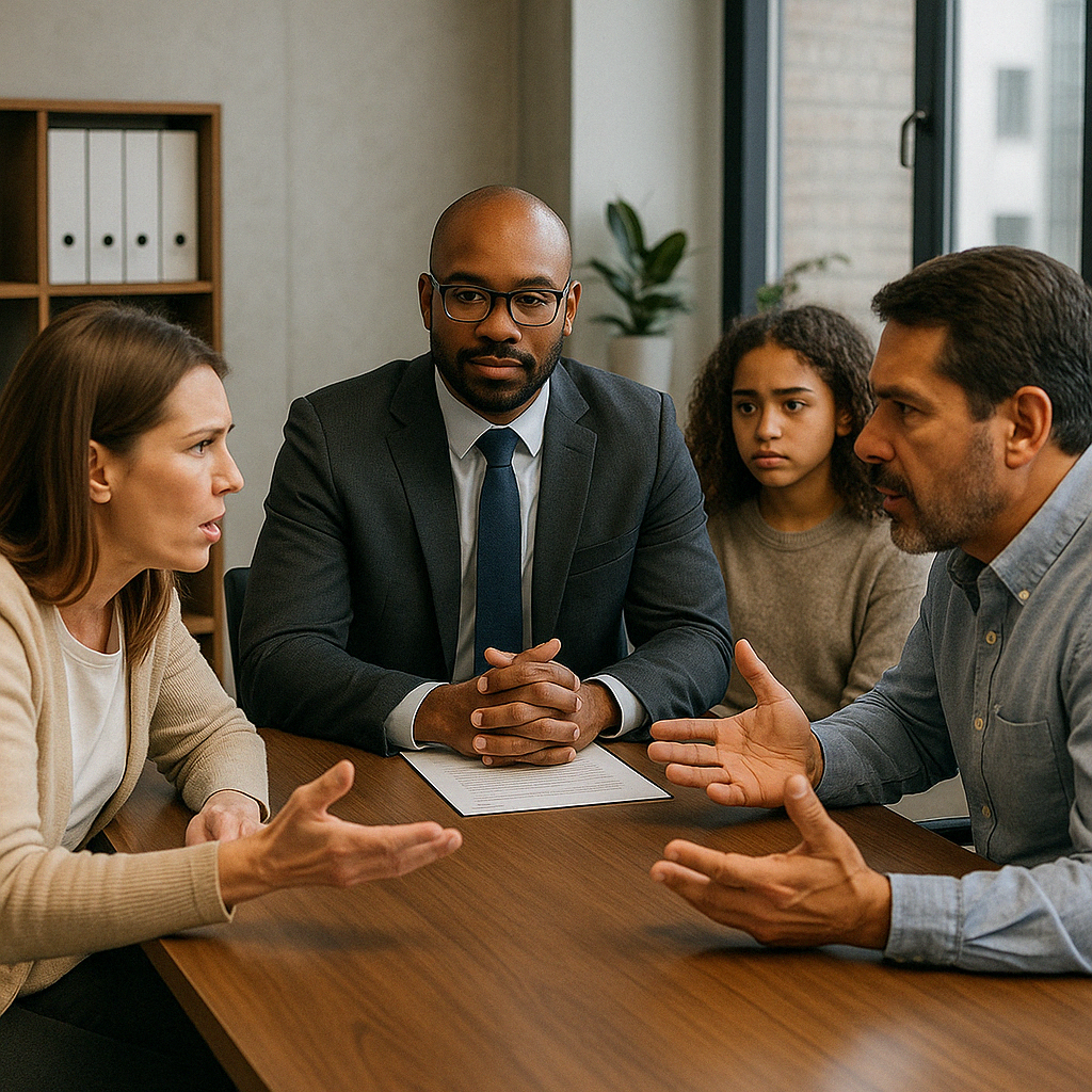 mediator with disputing family members at conference table - Estate litigation attorney