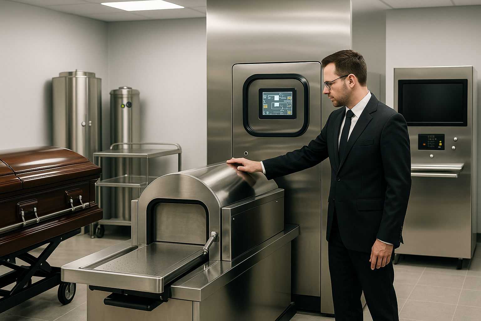 funeral director evaluating equipment options - Funeral service equipment