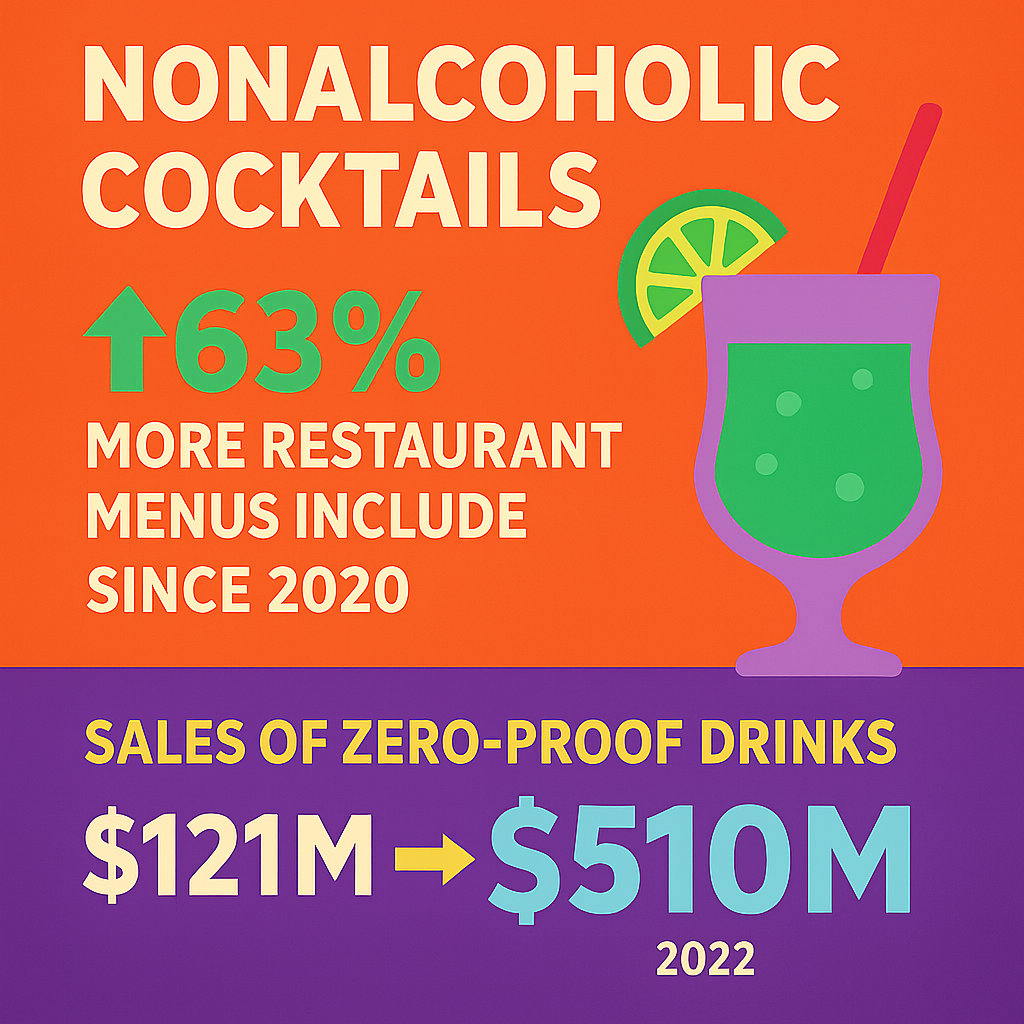 Stats showing that 63% more restaurant menus now include nonalcoholic cocktails since 2020, and sales of zero-proof drinks increased from $121 million to $510 million in 2022 - mixology career sims 4 infographic 
