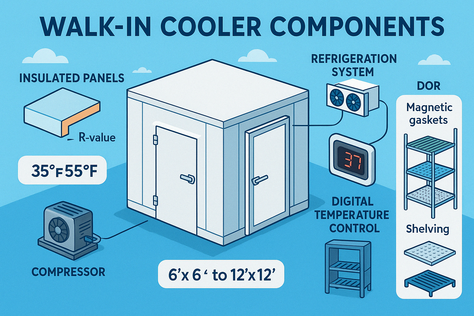 Comprehensive diagram showing walk-in cooler components including insulated panels (4" thickness), refrigeration system with compressor and evaporator, door systems with magnetic gaskets, digital temperature controls, and shelving options, with annotations for standard temperature ranges and sizing guidelines - walk-in cooler infographic 