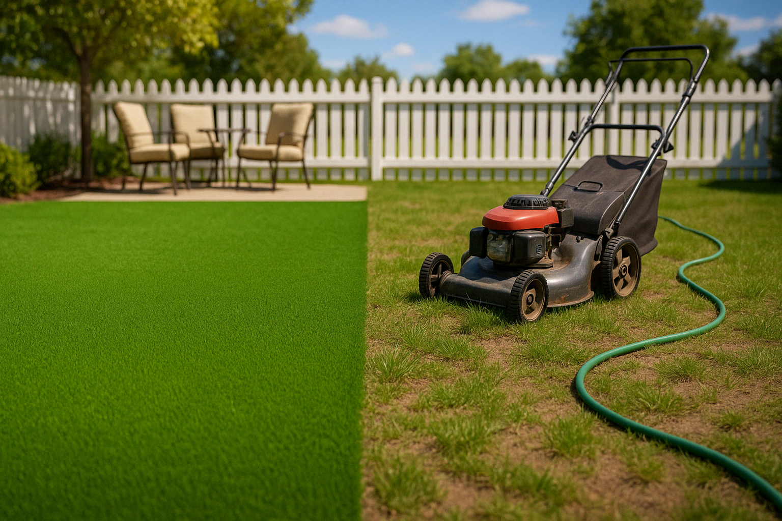 side by side comparison of artificial grass and natural grass showing visual differences and maintenance requirements - artificial grass estimate cost