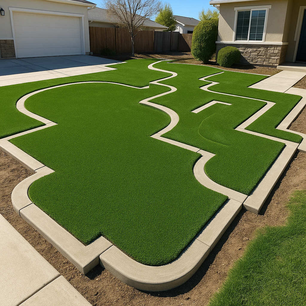 complex curved lawn installation with artificial grass - artificial grass estimate cost