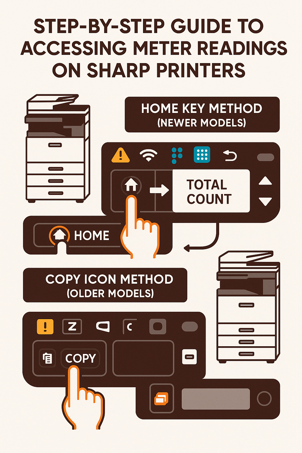 Step-by-step guide to accessing meter readings on different Sharp printer models, showing the HOME key method and COPY icon method with control panel locations highlighted - how to check meter reading on sharp printer infographic 