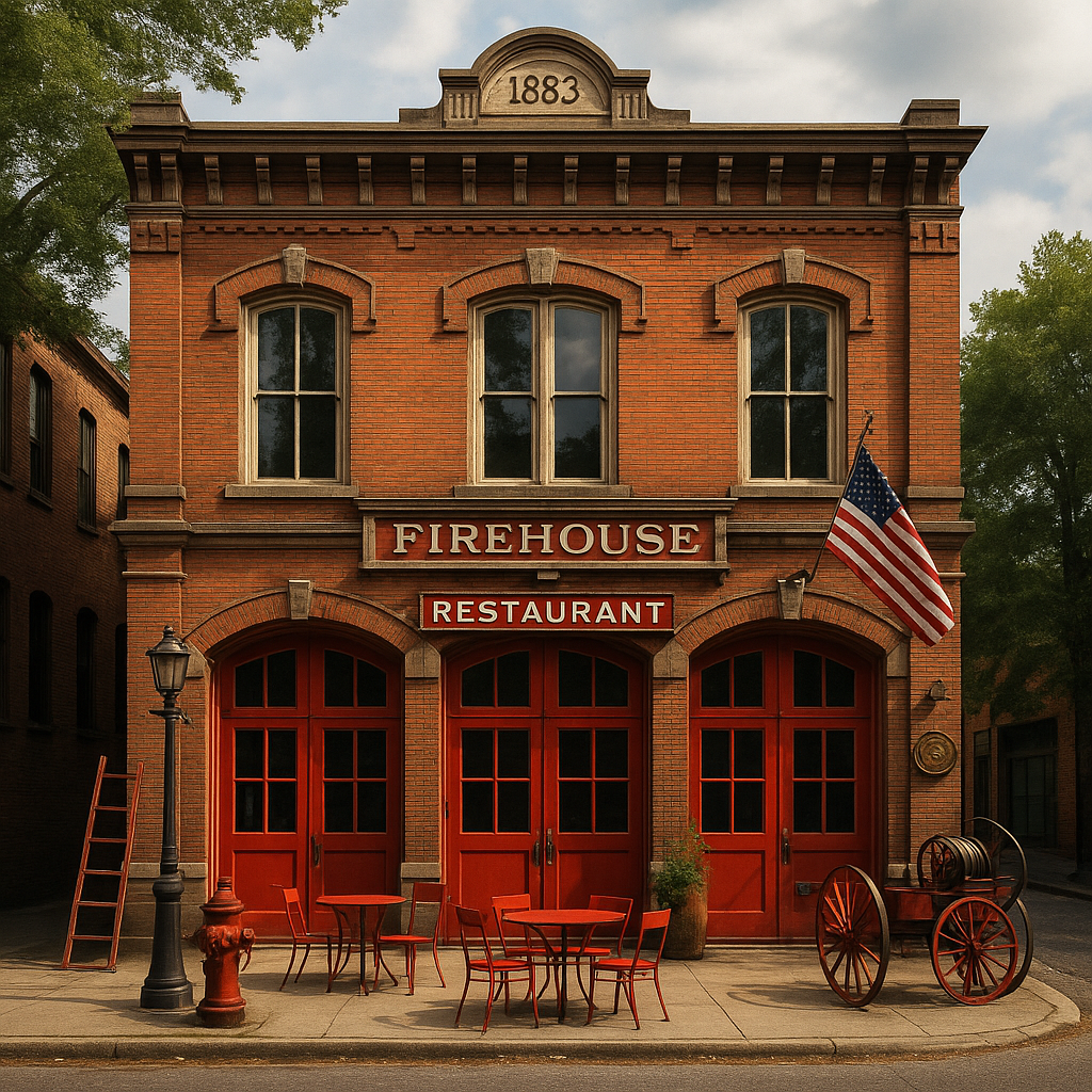 exterior of historic firehouse restaurant with original architecture - unique dining spots