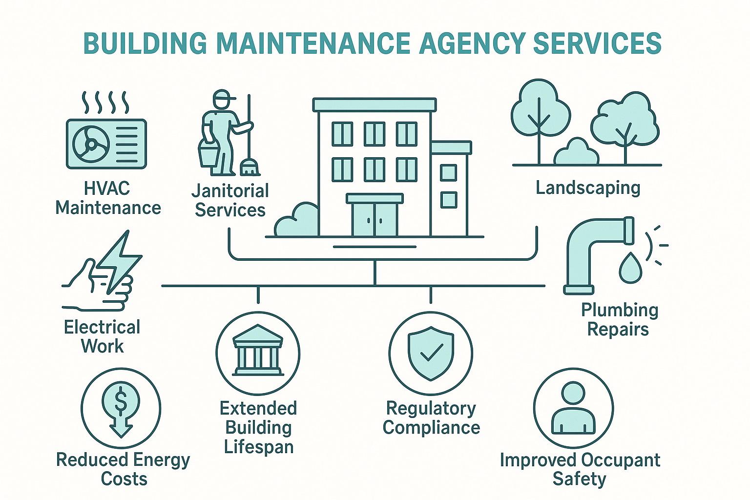 Building maintenance agency services showing HVAC maintenance, janitorial services, landscaping, electrical work, plumbing repairs, and emergency response with associated benefits including reduced energy costs, extended building lifespan, regulatory compliance, and improved occupant safety - building maintenance agency infographic Building maintenance agency services showing HVAC maintenance, janitorial services, landscaping, electrical work, plumbing repairs, and emergency response with associated benefits including reduced energy costs, extended building lifespan, regulatory compliance, and improved occupant safety - building maintenance agency infographic