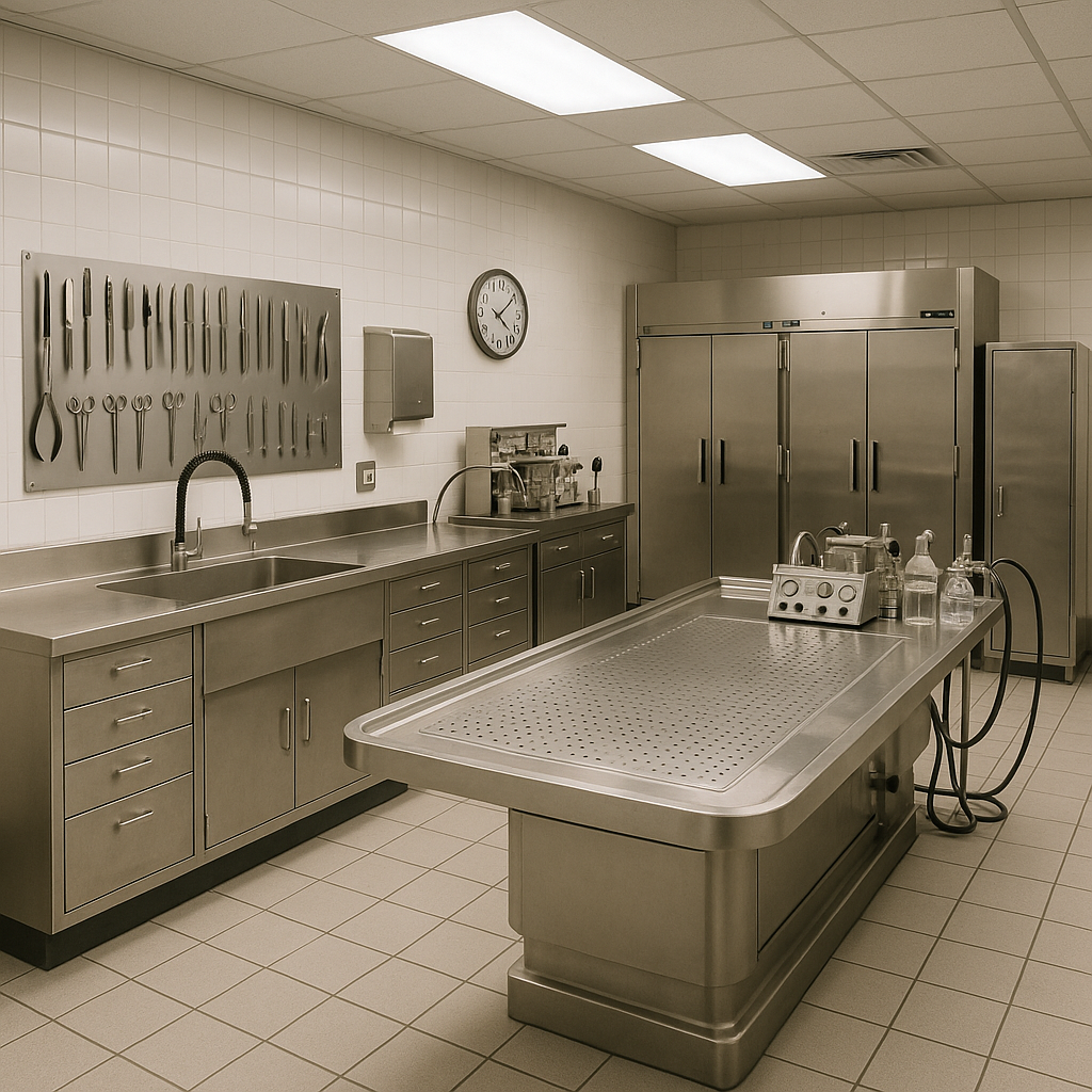 modern mortuary preparation room with tools and equipment - mortuary tools