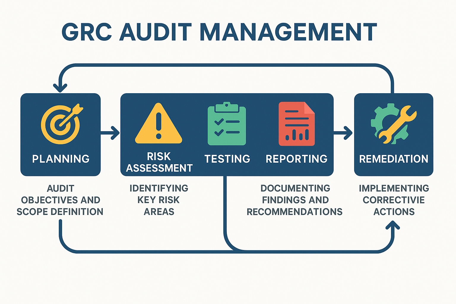 Comprehensive infographic showing the GRC audit management process with five connected components: Planning (audit objectives and scope definition), Risk Assessment (identifying key risk areas), Testing (evaluating control effectiveness), Reporting (documenting findings and recommendations), and Remediation (implementing corrective actions) - grc audit management infographic 