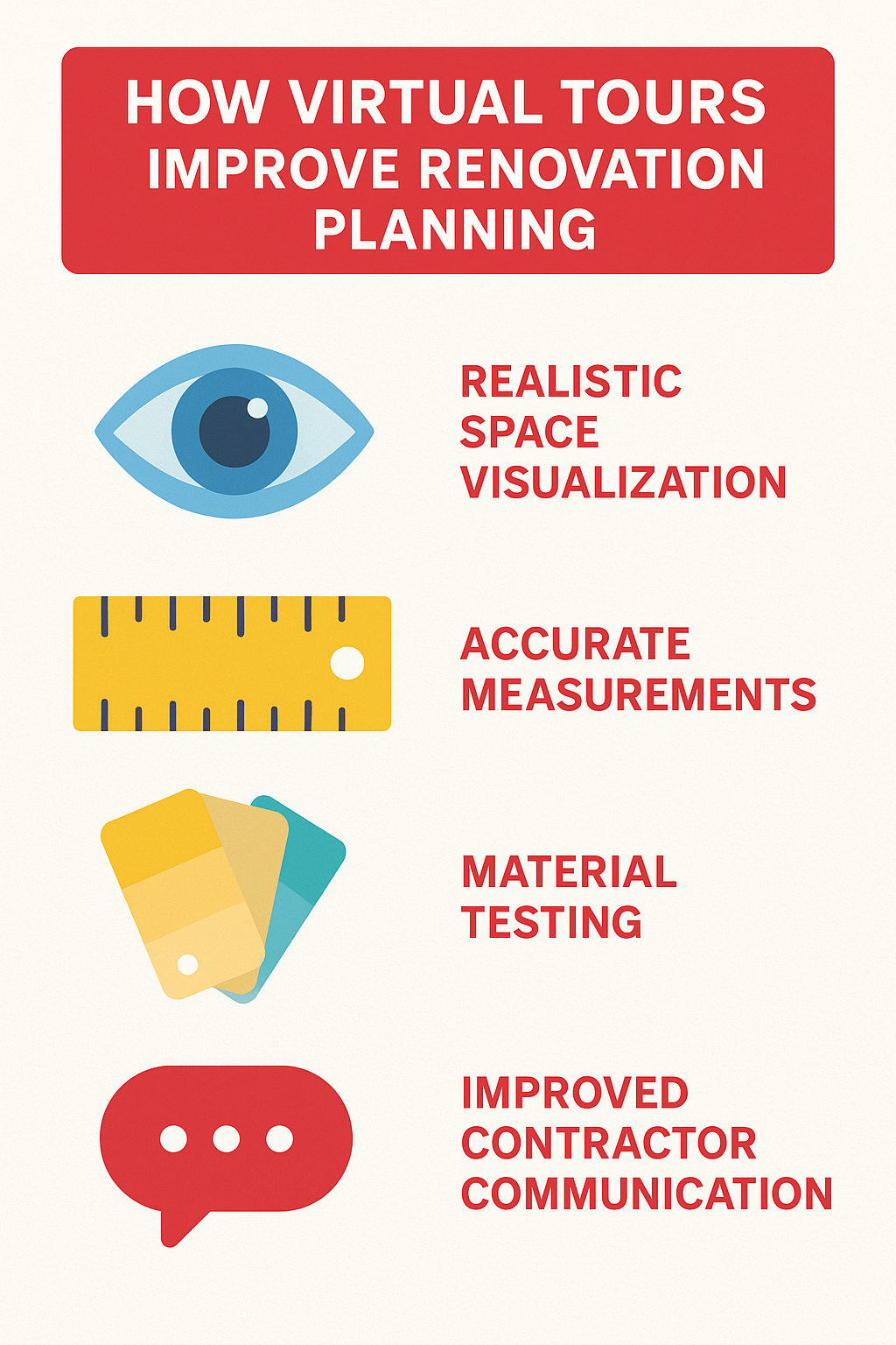 How virtual tours improve renovation planning by showing realistic space visualization, accurate measurements, material testing, and improved contractor communication - home renovation websites infographic