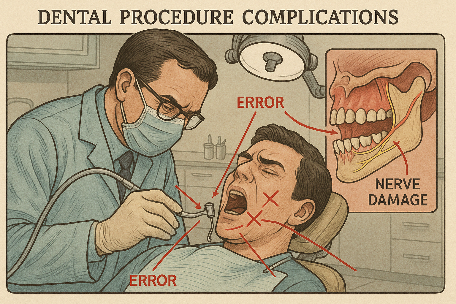 dental procedure complications showing nerve damage and improper techniques - dental malpractice attorney in orange county california