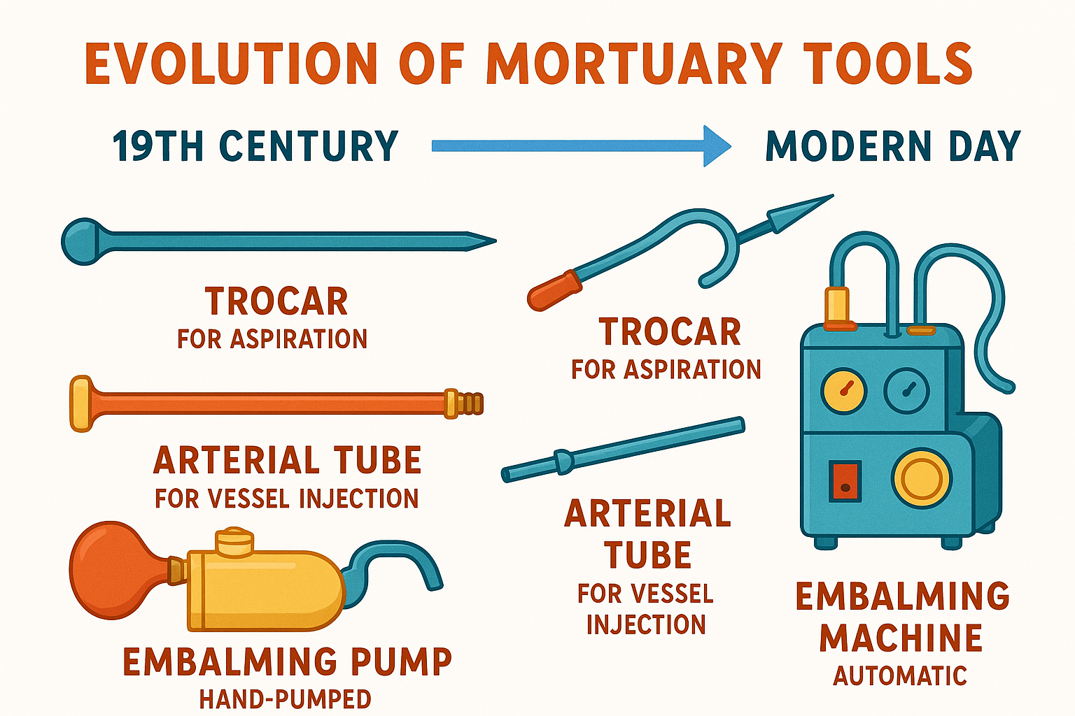 Detailed infographic showing the evolution of mortuary tools from the 19th century to modern day, featuring illustrations of essential instruments like trocars, arterial tubes, and embalming machines with their specific functions labeled - mortuary tools infographic 