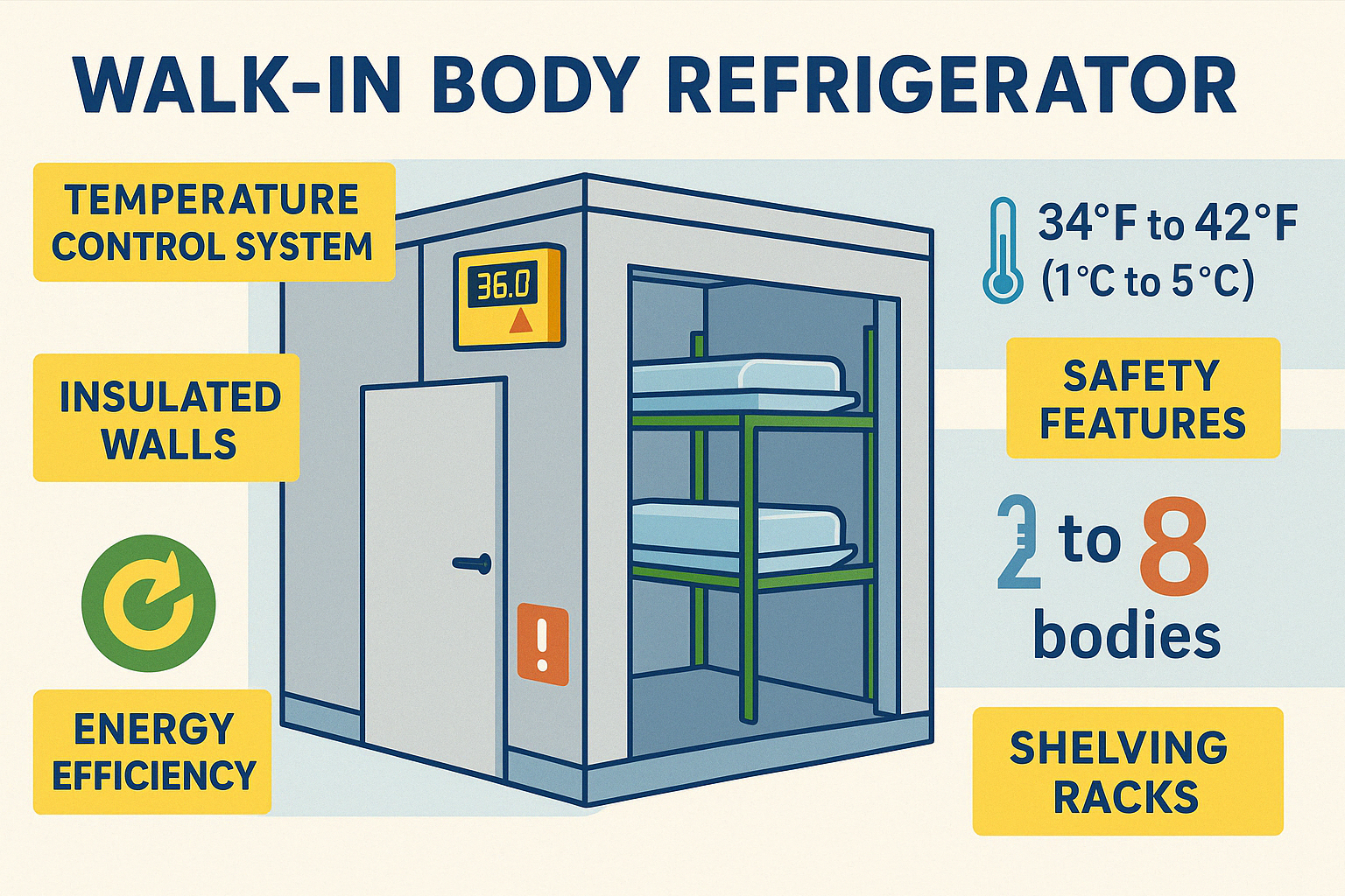 Infographic showing a walk-in body refrigerator with labeled components including insulated walls, temperature control system, shelving racks, safety features, and energy efficiency elements, alongside temperature specifications and capacity options - Walk-in body refrigerator infographic 