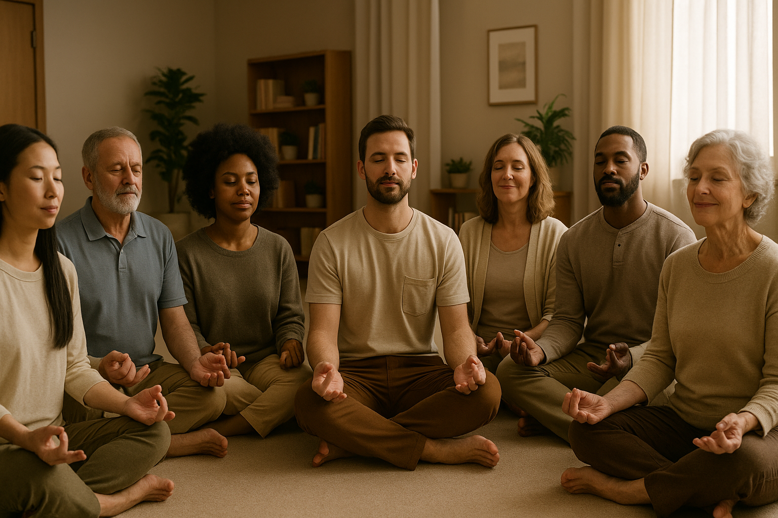 person meditating in a group setting at a treatment center - meditation for addiction recovery