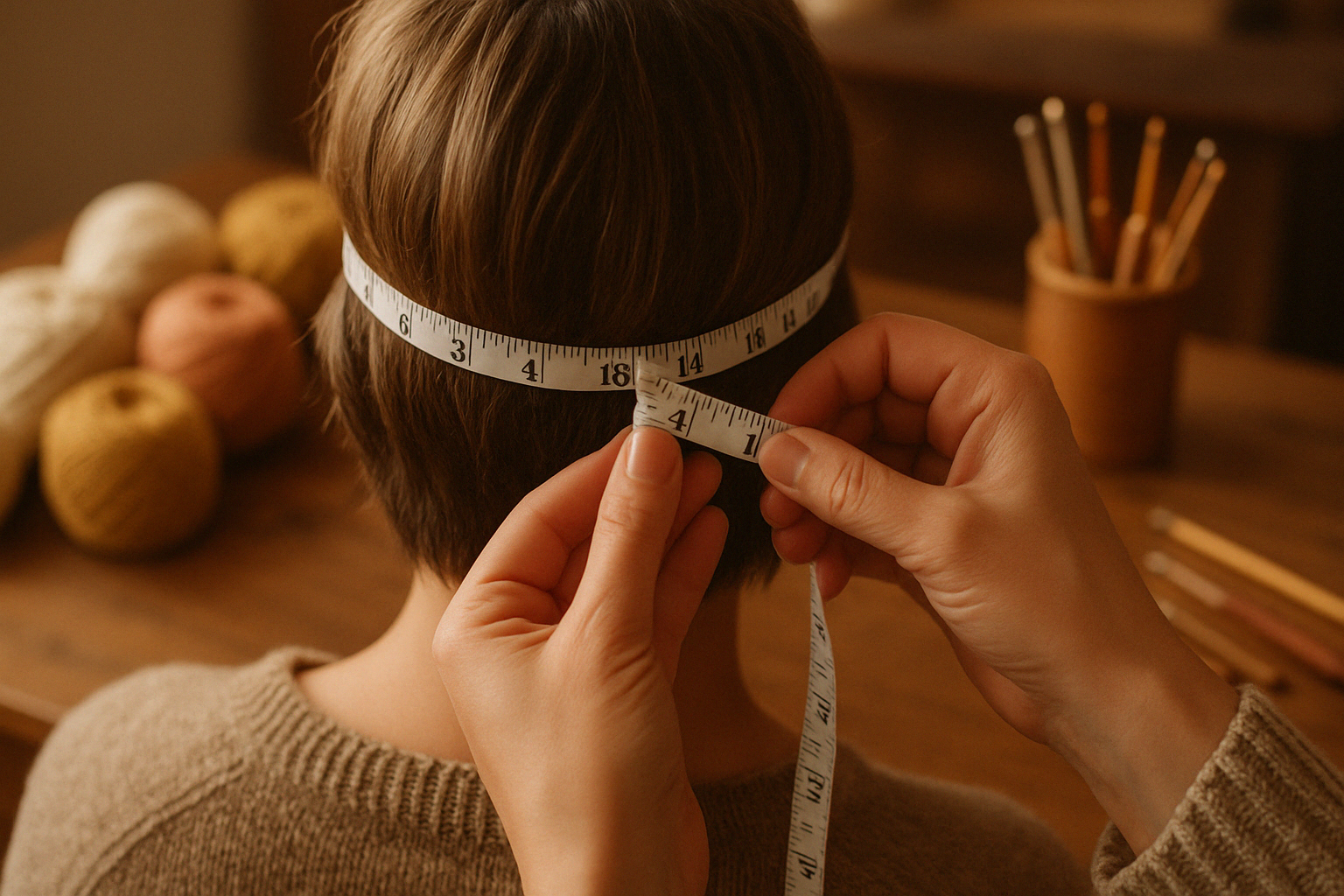 Person measuring head circumference for a crochet hat - crochet hats tutorial