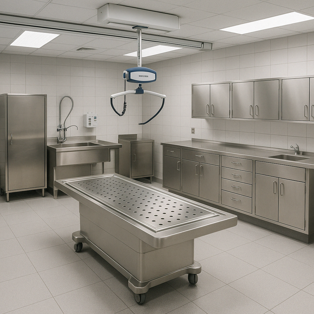 complete mortuary preparation room with ceiling lift system installed - mortuary ceiling lift